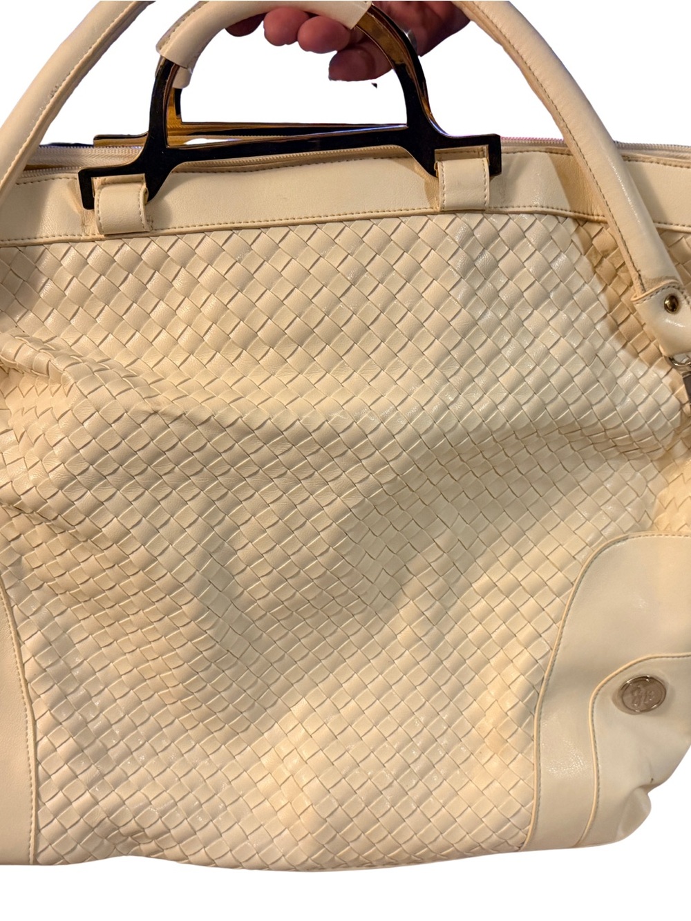 Joy Mangano Cream Woven Tote with Top Handles